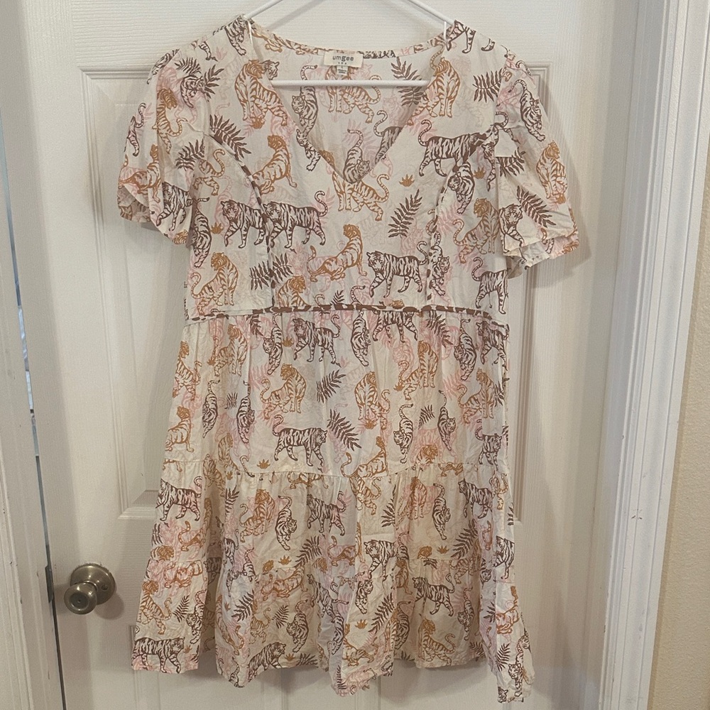 Umgee Mini Dress with Animal Print in Cream and Tan